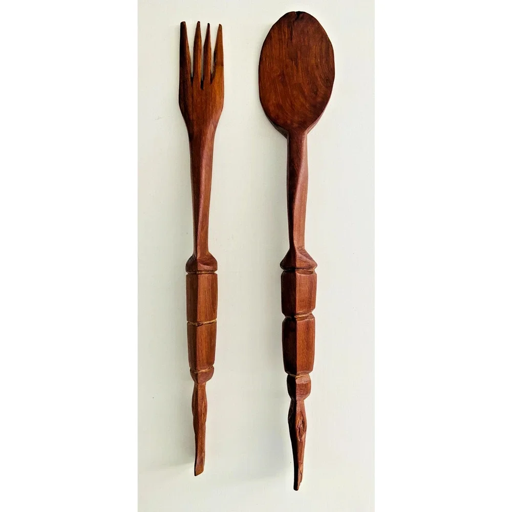 3-Piece Vintage MCM Hand-Turned Monkey Pod Salad Bowl and Serving Utensils